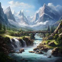 a painting of a mountain scene with a bridge over a river