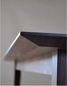 the edge of a wooden table against a white wall