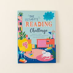 the ultimate reading challenge book on a white wall with a cat sitting in a chair