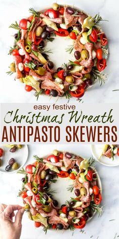 a christmas wreath with olives, tomatoes and other vegetables on it in front of the words easy festive christmas wreath antipasto skewers