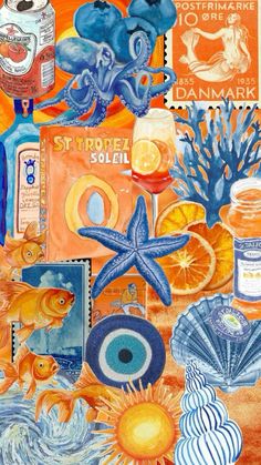 an art work with oranges, blue and yellow items