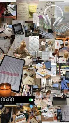 a collage of photos with people working on computers, books and other things in the background