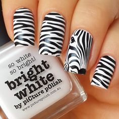 black and white nail design - zebra print Zebra Acrylic Nails, Nail Art Blanc, Zebra Nail Designs, Zebra Nail Art, Unique Manicure, Black And White Nail Designs, Zebra Print Nails, Black And White Nail Art, Emerald Nails