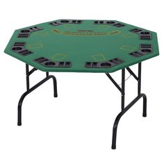 a green poker table with black legs and four holes on each side, in front of a white background