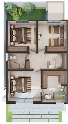 an overhead view of a three bedroom house with two bathrooms and one living room on the second floor