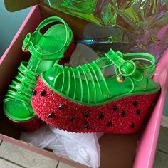 Brand New! Never Worn Outside, Only Tried Them On Once. Purchased From Dolls Kill. Sugar Thrillz Shoes, Watermelon Shoes, Sugar Thrillz, Braids With Beads, Jelly Shoes, Jelly Sandals, Custom Shoes, Box Braids, Dolls Kill