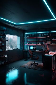 a room with a desk, chair and computer in it at night lit by neon lights