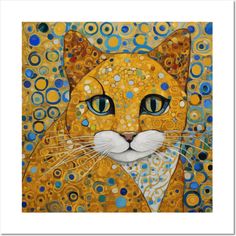 a painting of a yellow cat with blue eyes