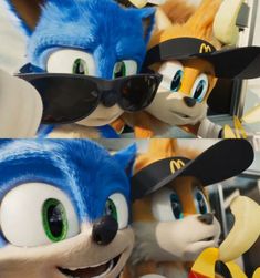 sonic the hedgehog and tails kissing each other in front of a mirror with their mouths open