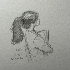 a drawing of a woman with her back to the camera, looking down at something