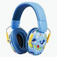 children's headphones that are blue and have an animal print on the front