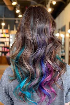 Hair Pop Of Color Ideas, Brown Hair With Colourful Highlights, Brown With Underneath Color, Colorful Peekaboo Highlights, Fun Colored Hair For Brunettes, Hair Color Ideas Underneath Colour, Brown Hair With Colored Highlights Fun, Mushroom Brunette, Brown Hair Colors Ideas