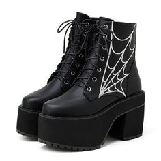 Spider Web Ankle BootsThis lace-up ankle boot is the perfect pair for your gothic or grunge ootd vibe. This comes with a spider web on the side as its design. Available in color black.SPECIFICATIONSMaterial: PUPlatform Height: 10cmPlatform Height:... Gothic Boots Women, Gothic Platform Boots, Women Vampire, Autumn Wishlist, Vampire Knight Cosplay, Black Chunky Heels Boots, Knight Cosplay, Moon Shoes, Grunge Shoes