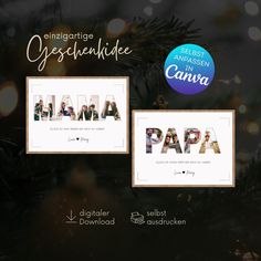 two christmas cards with the word papa in german and an image of a child's name