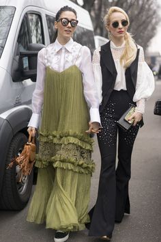 Amazing dress on top of button down shirt "fabulous muses Diana Enciu Alina Tanase on the streets of Milan" Milan Fashion Week Street Style, Popsugar Fashion, Frou Frou, Milan Fashion Weeks, Autumn Street Style, Mode Inspo, Street Style Inspiration, Cool Street Fashion