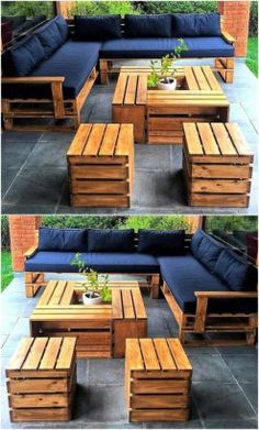 four different shots of a couch and coffee table made out of pallet wood with blue cushions