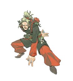 a drawing of a person with green hair and red pants, jumping in the air