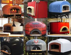 many different types of pizza ovens in various colors and sizes, including one red