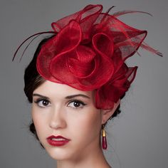 Sculpted Sinamay Fascinator in Poppy Red "Anastasia". #millinery #judithm #sinamay Red Summer Fascinator, Red Evening Hat Headpiece, Adjustable Red Brimmed Fascinator, Red Feathered Fascinator Hat, Luxury Red Fascinator