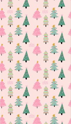 a pink and green christmas tree pattern on a light pink background with stars, snowflakes and trees