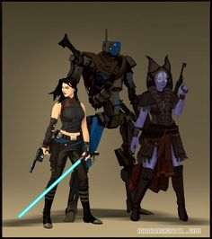 three animated characters standing next to each other with lightsabens on their heads and arms