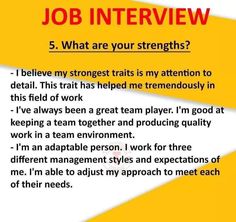 a job interview is written in red and yellow with the words, job interview what are your strengths?