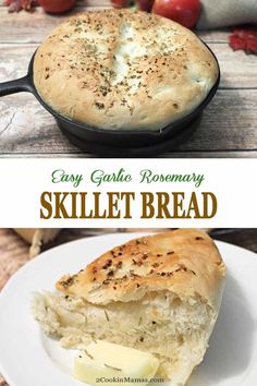 a skillet bread with cheese on top and the words easy garlic rosemary skillet bread