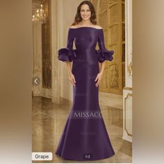 Off The Shoulder Formal Gown Color Grape Size 16. Never Warn Purple Full Length Formal Gown, Formal Full Length Purple Gown, Formal Full-length Purple Gown, Fitted Purple Gown For Mother Of The Bride, Plum Wedding, Grape Color, 16 Dresses, Formal Gown, Size 16 Dresses