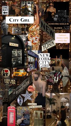 the collage shows many different types of buildings and signs in this cityscape