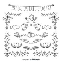 save the date banner with hearts, flowers and birds on it in black and white