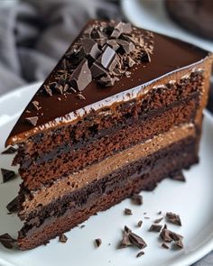 a slice of chocolate cake on a white plate