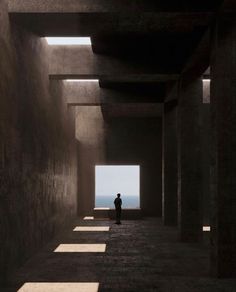 a person standing in an empty room with light coming through the windows and casting shadows on the floor