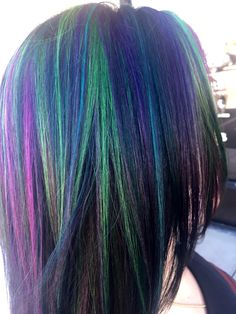 Green And Purple Highlights, Colour Highlights, Silver Hair Highlights, Lemon Hair, Purple Hair Highlights, Dark Brown Hair Color, Hair Color Blue