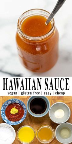 the ingredients for hawaiian sauce in small bowls on a cutting board with text overlay