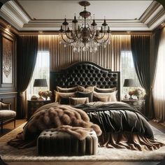 a luxurious bedroom with chandelier and bed