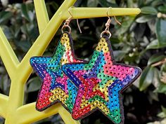 Loving these big sequin star earrings.  So cool. So shiny.  I've used rainbow sequin stars, sewn them together to make them double sided and attached them to gold plated brass ear wires.   The patches measure 7.5 cm and the whole earring measures 9 cm.  Great size. NB:  The back and the front of the earring is the same! Shine like a star! All items come in a beautiful pink organza bag and/or white tissue paper.  Perfect for gift giving.  Please contact me if you have a problem on receipt of orde White Tissue Paper, Studio 54, Things Happen, Gold Sequins, Spiritual Jewelry, Star Earrings, Organza Bags, Hat Hairstyles, Ear Wires