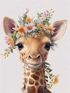 a painting of a giraffe with flowers on its head