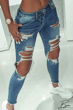 Bjux - Baby Blue Fashion Casual Solid Ripped Low Waist Skinny Denim Jeans Style Bleu, Womens Ripped Jeans, Mid Waist Jeans, Curve Jeans, Summer Jeans, Low Rise Jeans, Jean Grey, Designer Jeans, Low Waist