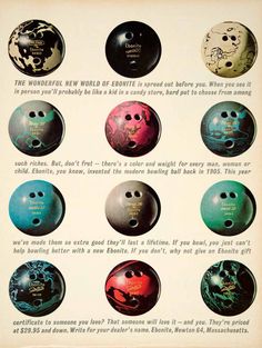 an advertisement for bowling balls with the names and numbers on each ball in different colors