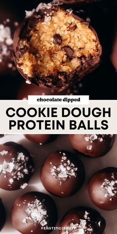 chocolate dipped cookie dough protein balls in a box