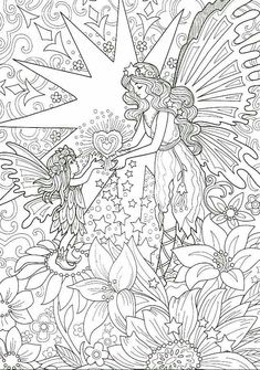 an adult coloring page with a fairy and flowers