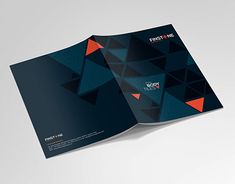 an open brochure is displayed on a white surface with blue and orange triangles