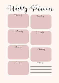 the printable weekly planner is shown in pink and black, with text on it