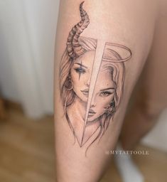 #tattoosforwomen #tattoo #angel #demon #tattoolife Angels Demons Tattoo, Lost Angel Tattoo, Angel Women Tattoo, Angel With Horns Tattoo, Leg Women Tattoo, Angelic Tattoos For Women, Demon And Angel Tattoo, Demon Angel Tattoo, Devil Tattoo For Women