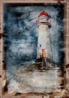 a painting of a lighthouse in the ocean