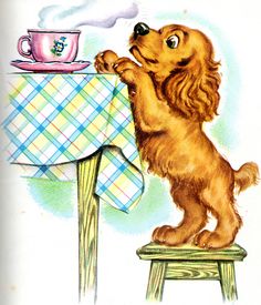 a drawing of a dog sitting at a table drinking from a cup