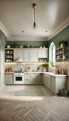 a kitchen with green walls and white cabinets