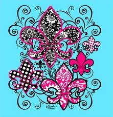 a blue background with pink and black flowers in the center, on top of an ornate design