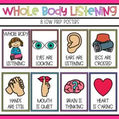 the whole body listening poster is shown in pink and blue, with images of different items