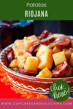 a close up of a bowl of food with the words patas riojana